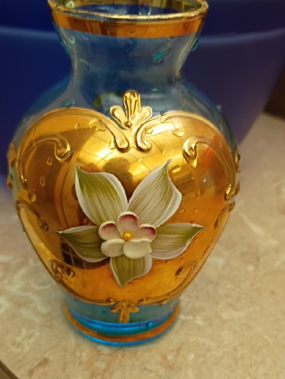 Blue and Gold Decorative Floral Glass Vase Gold Made In Italy Vintages